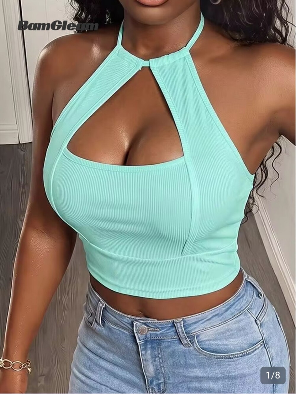 SHEIN BamGleam Ribbed Crop Halter Top Backless Baby Blue Small NWT Aqua